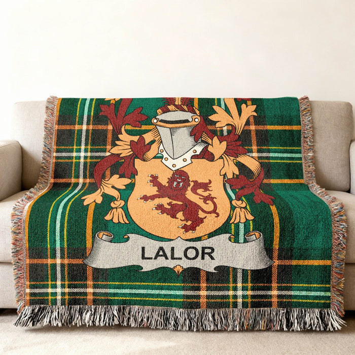 Lalor family crest on an Irish National Tartan woven cotton throw.
