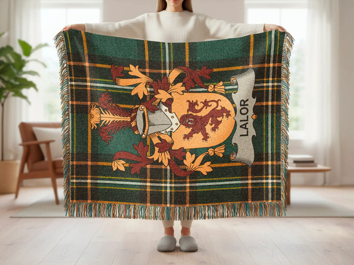 Lalor family crest tartan woven blanket shown at full scale.