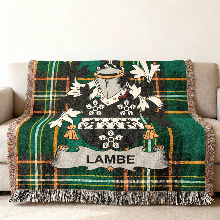 Lambe family crest on an Irish National Tartan woven cotton throw.