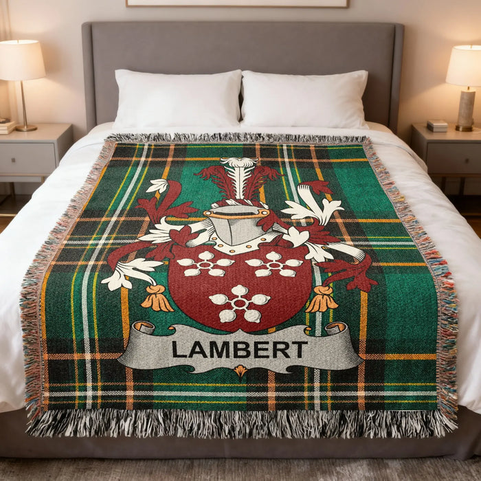Lambert Irish family crest woven blanket displayed on a bed.