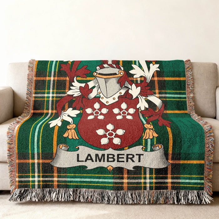 Lambert family crest on an Irish National Tartan woven cotton throw.