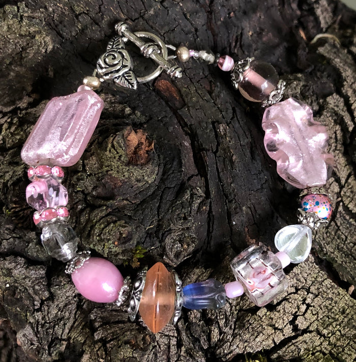 Lampwork Glass Bracelet - Pink Silver Clear