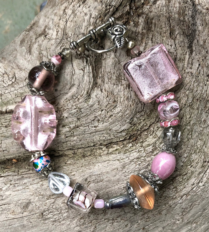Lampwork Glass Bracelet - Pink Silver Clear