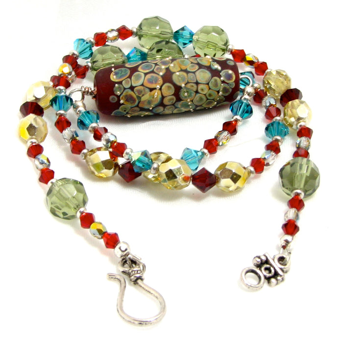 Lampwork Glass Necklace - Red Galaxy & Crystal