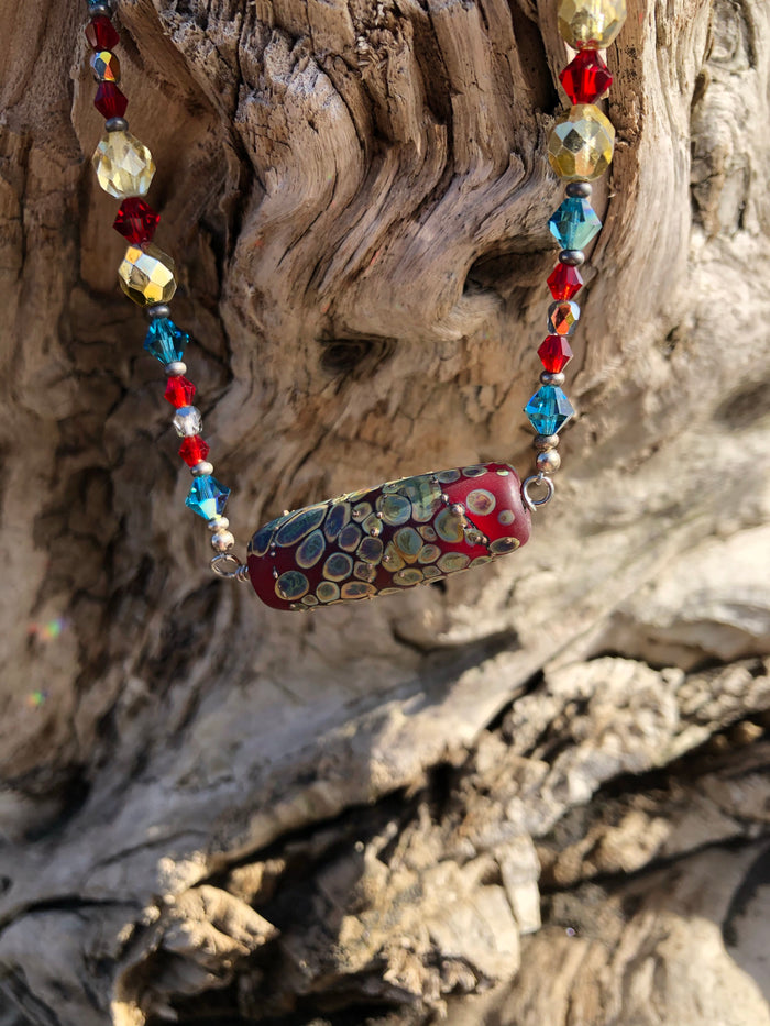 Lampwork Glass Necklace - Red Galaxy & Crystal