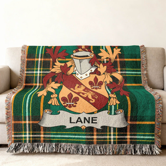 Lane family crest on an Irish National Tartan woven cotton throw.