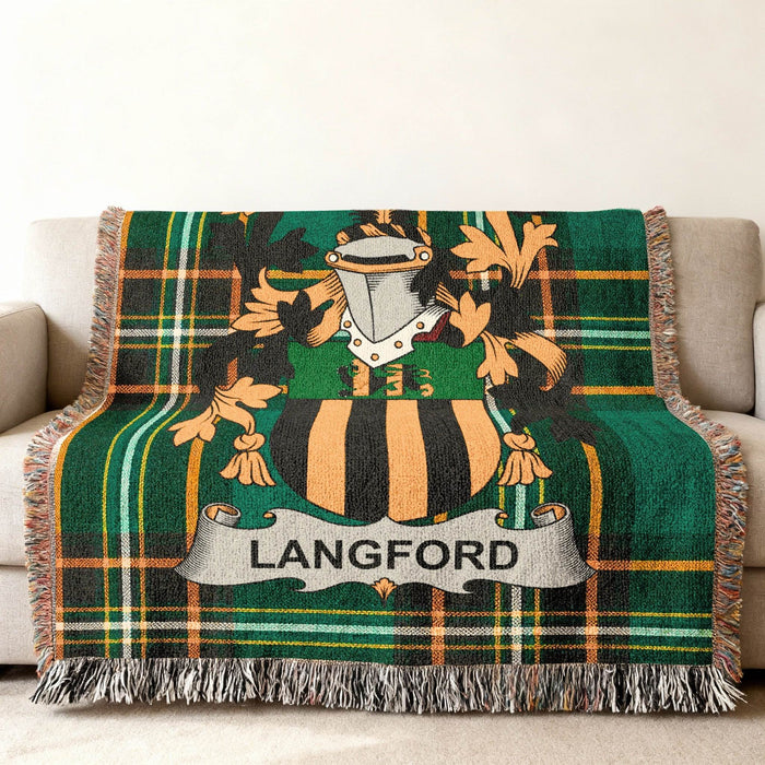 Langford family crest on an Irish National Tartan woven cotton throw.