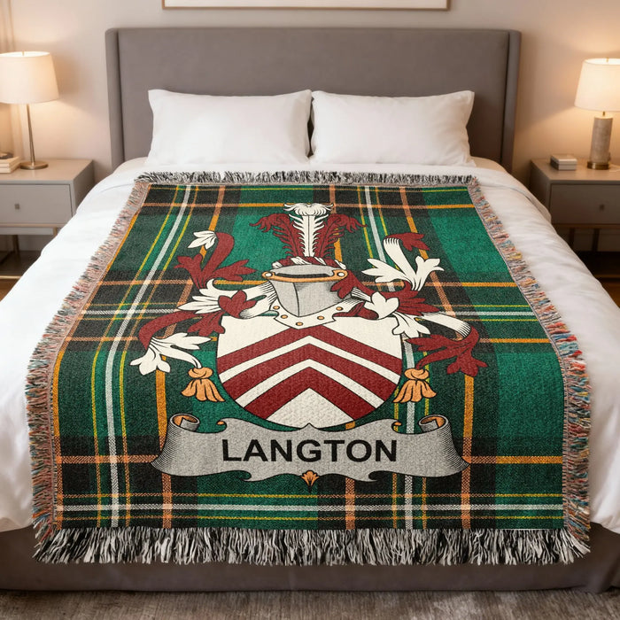 Langton Irish family crest woven blanket displayed on a bed.