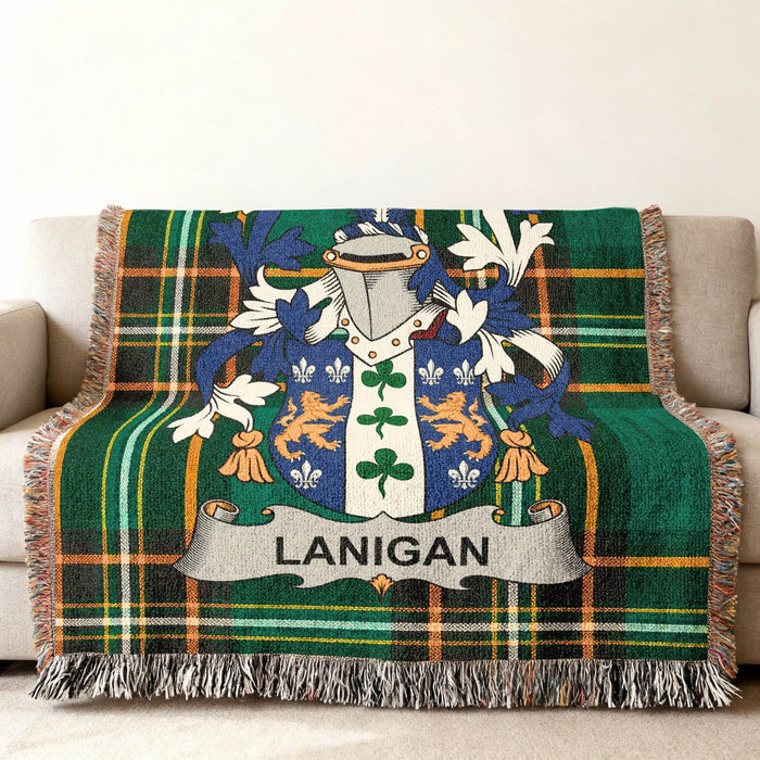Lanigan family crest on an Irish National Tartan woven cotton throw.