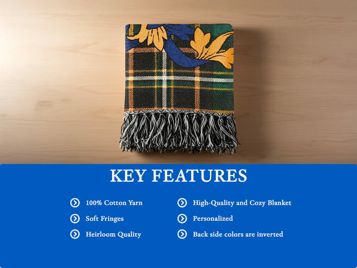 Feature panel for the Lany cotton woven blanket with fringed edges.