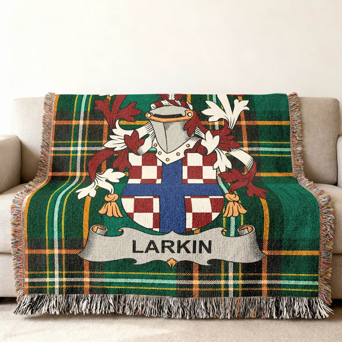 Larkin family crest on an Irish National Tartan woven cotton throw.