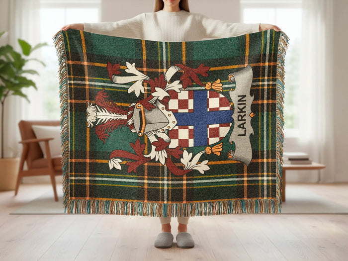 Larkin family crest tartan woven blanket shown at full scale.