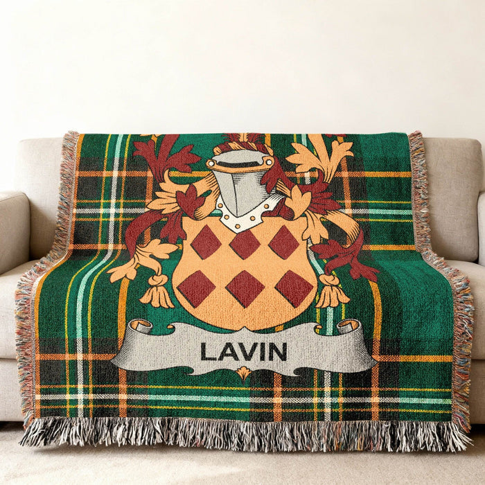 Lavin family crest on an Irish National Tartan woven cotton throw.