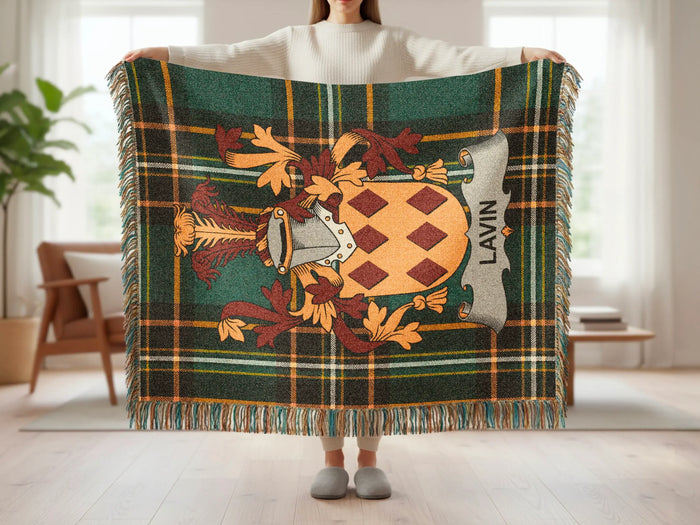 Lavin family crest tartan woven blanket shown at full scale.