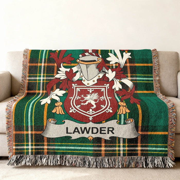 Close view of the Lawder crest on Irish National Tartan.