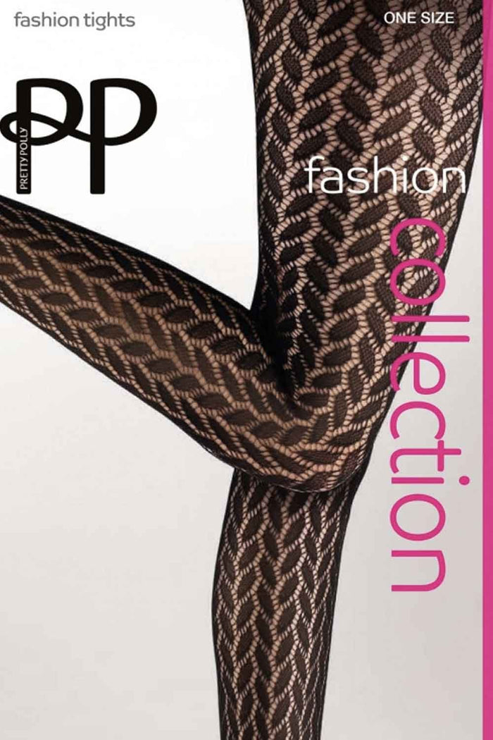 Patterned fashion tights with brand logo and text on a white background