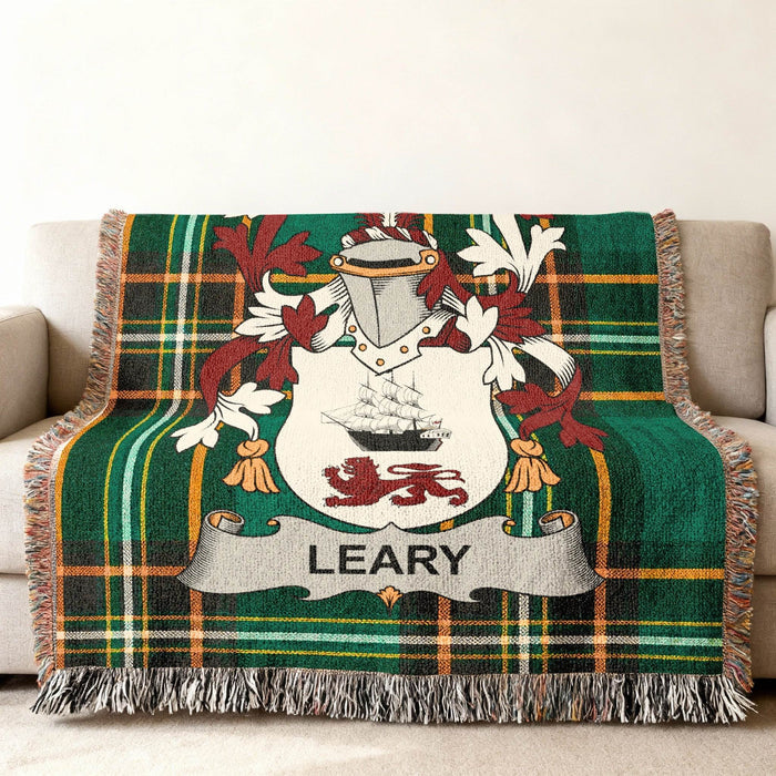 Leary family crest on an Irish National Tartan woven cotton throw.