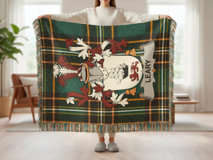 Leary family crest tartan woven blanket shown at full scale.