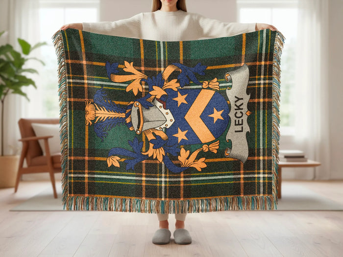 Lecky family crest tartan woven blanket held open to show its full size.