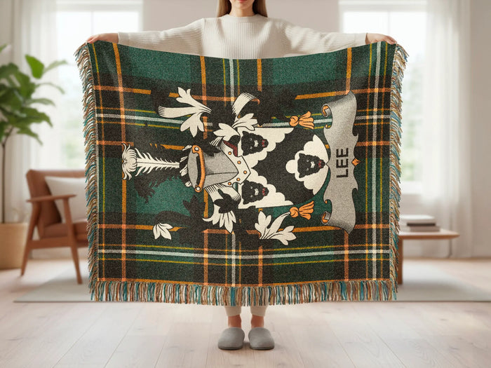 Lee woven blanket opened to show the full tartan design.