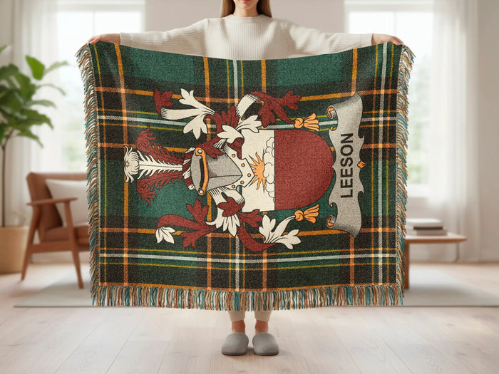 Leeson family crest tartan woven blanket shown at full scale.