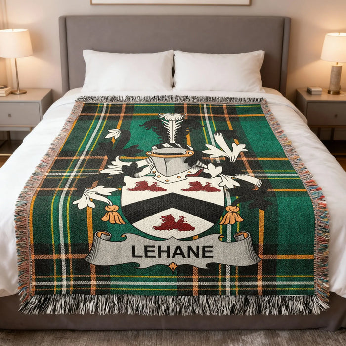 Lehane Irish family crest woven blanket displayed on a bed.