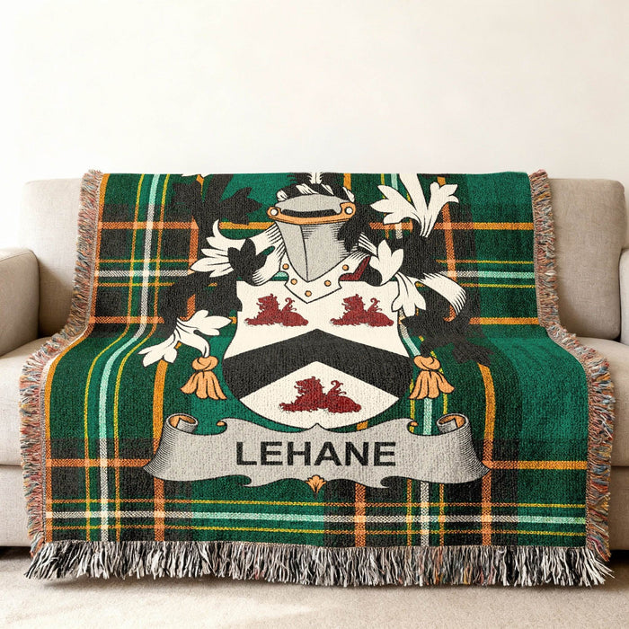 Lehane family crest on an Irish National Tartan woven cotton throw.