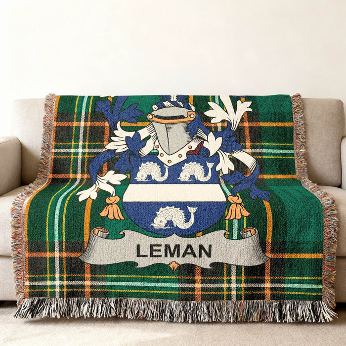 Leman crest woven into an Irish National Tartan cotton throw.