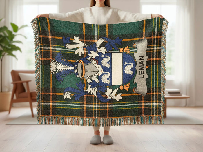 Leman woven blanket opened to show the full tartan design.