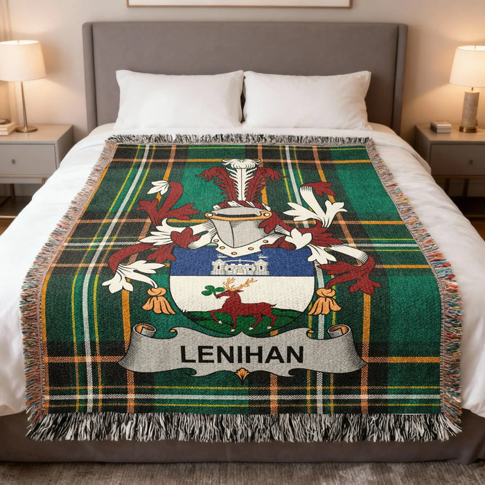 Lenihan Irish family crest woven blanket displayed on a bed.