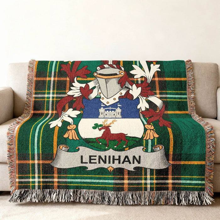 Lenihan family crest on an Irish National Tartan woven cotton throw.