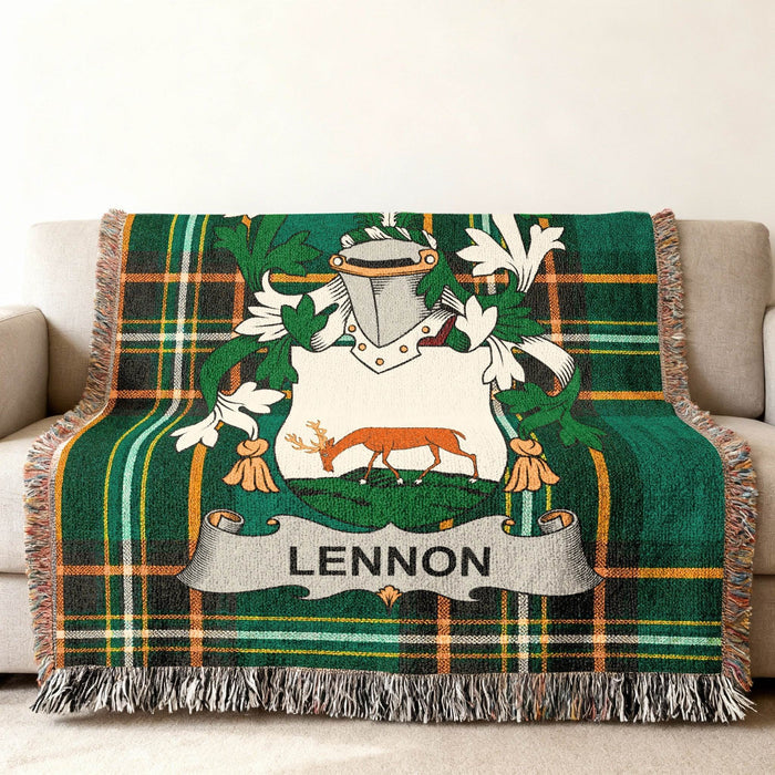 Lennon family crest on an Irish National Tartan woven cotton throw.