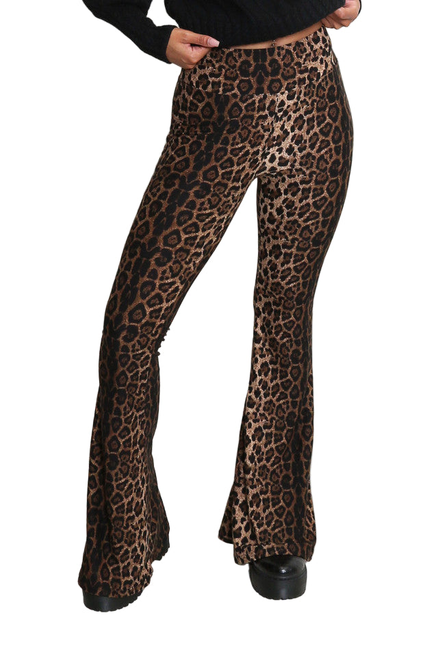 Allana leopard leggings with flares standing in front of a white background