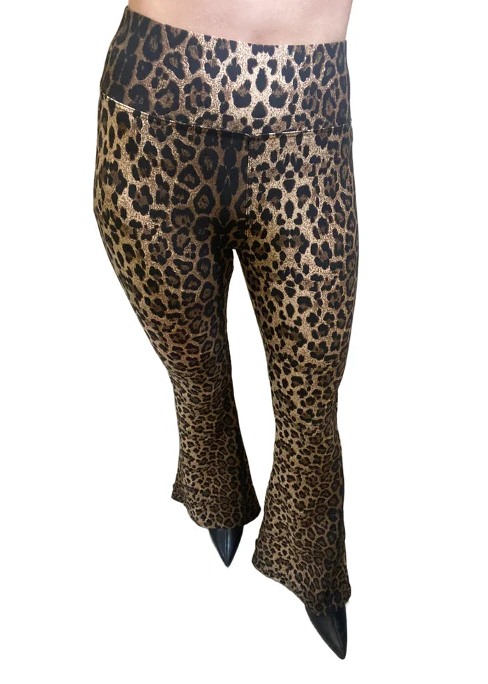 Allana leopard design flared leggings, standing on a white floor