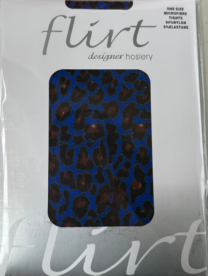 Packaged blue leopard print tights with 'flirt' branding.