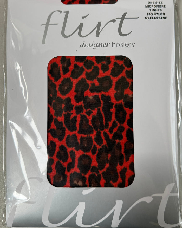 Packaged red and black leopard print tights with 'flirt' branding.