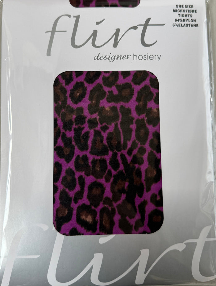 Packaged hosiery with purple leopard print design on a white background