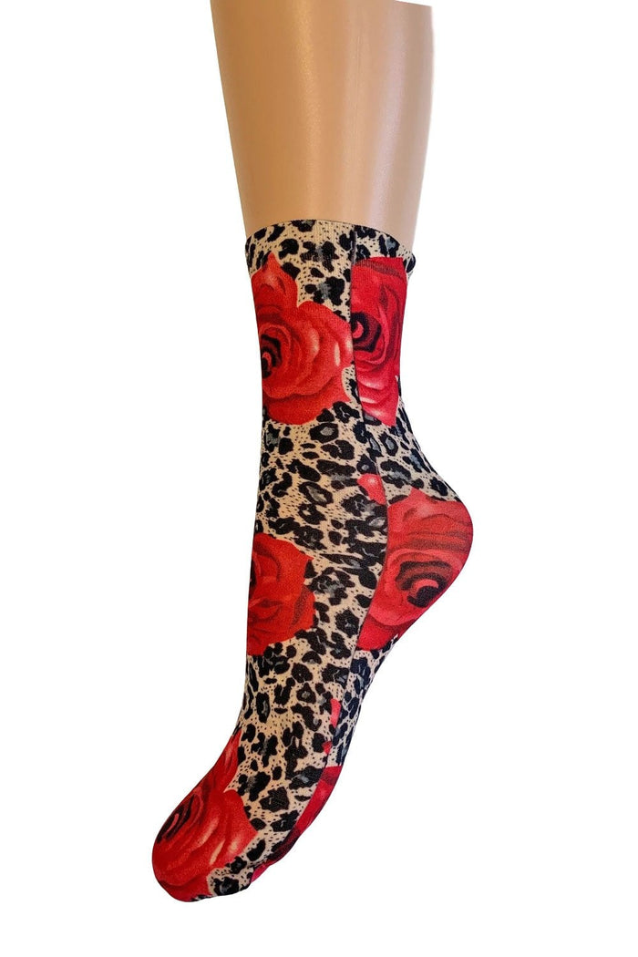 Sock with leopard print and red rose design  against a white background