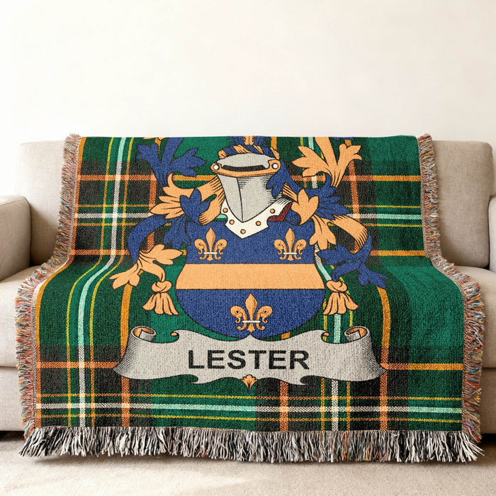 Detail of the Lester crest woven into Irish National Tartan.