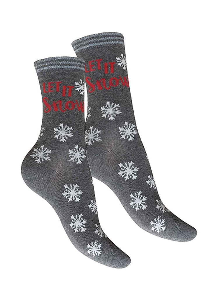 Gray socks with snowflake pattern and red let it snow  text on a white background