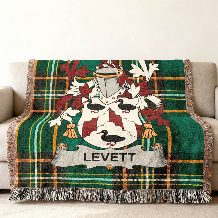 Close view of the Levett crest on Irish National Tartan.