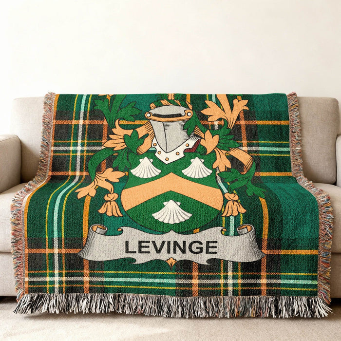Close view of the Levinge crest woven into Irish National Tartan.