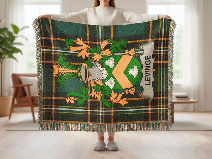 Levinge woven blanket opened out to show the full tartan design.