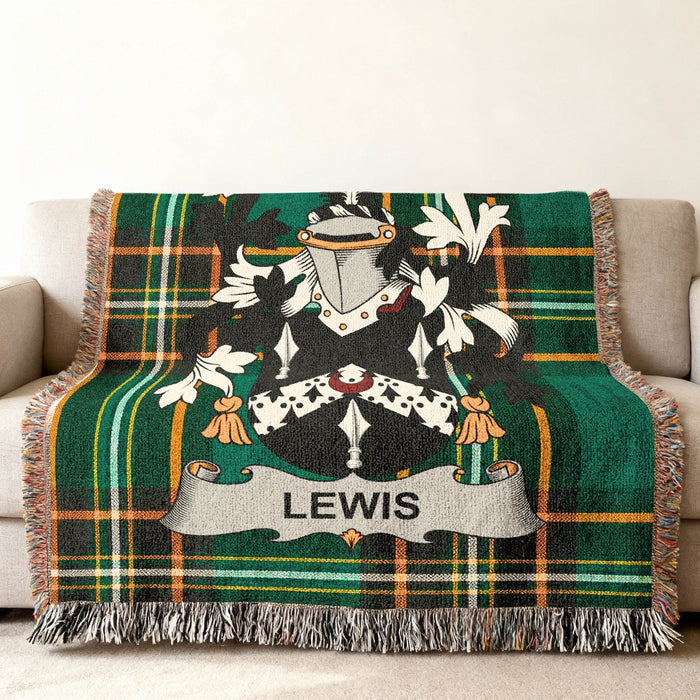 Lewis crest woven into an Irish National Tartan cotton throw.