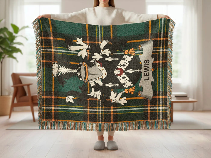 Lewis woven blanket shown at full size with fringed edges.