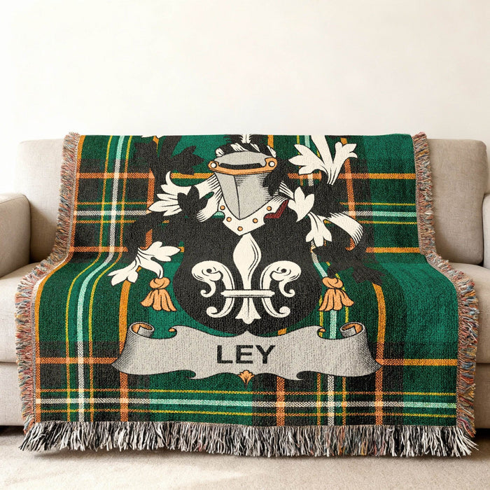 Ley crest woven through an Irish National Tartan throw.