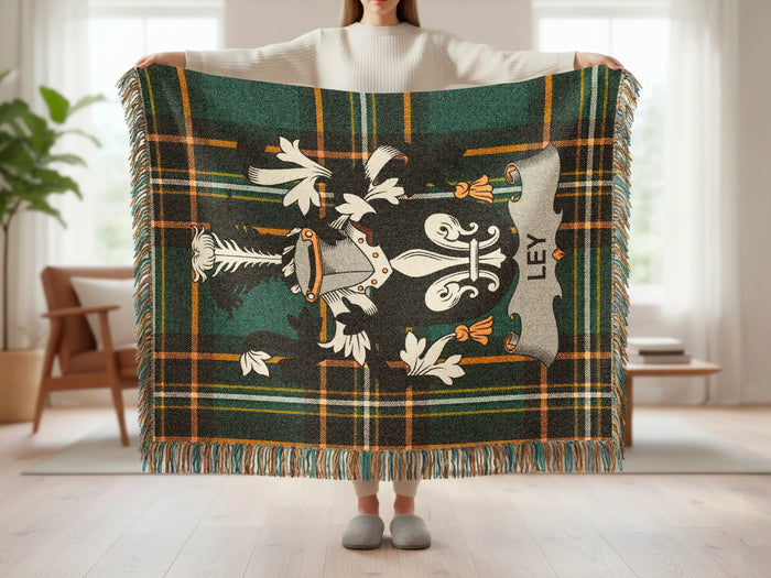 Ley woven blanket held open to show the whole design.