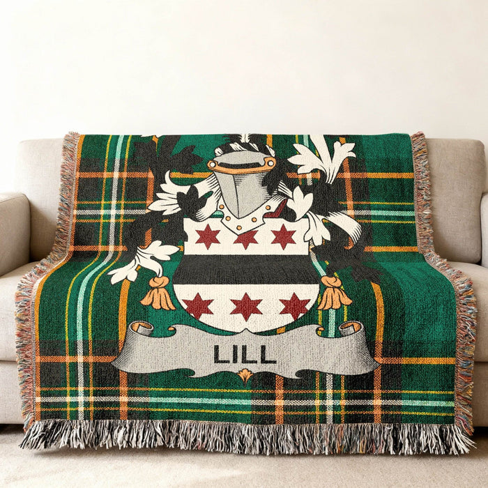 Lill crest woven into an Irish National Tartan cotton throw.