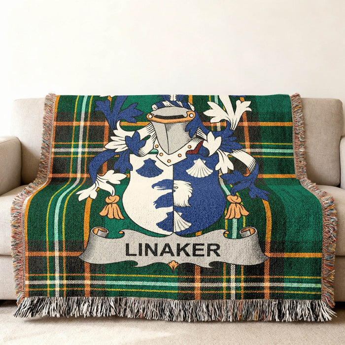 Detail of the Linaker crest woven into Irish National Tartan.