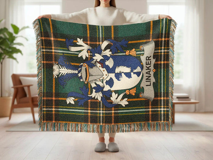 Linaker woven blanket shown full size with traditional fringe.